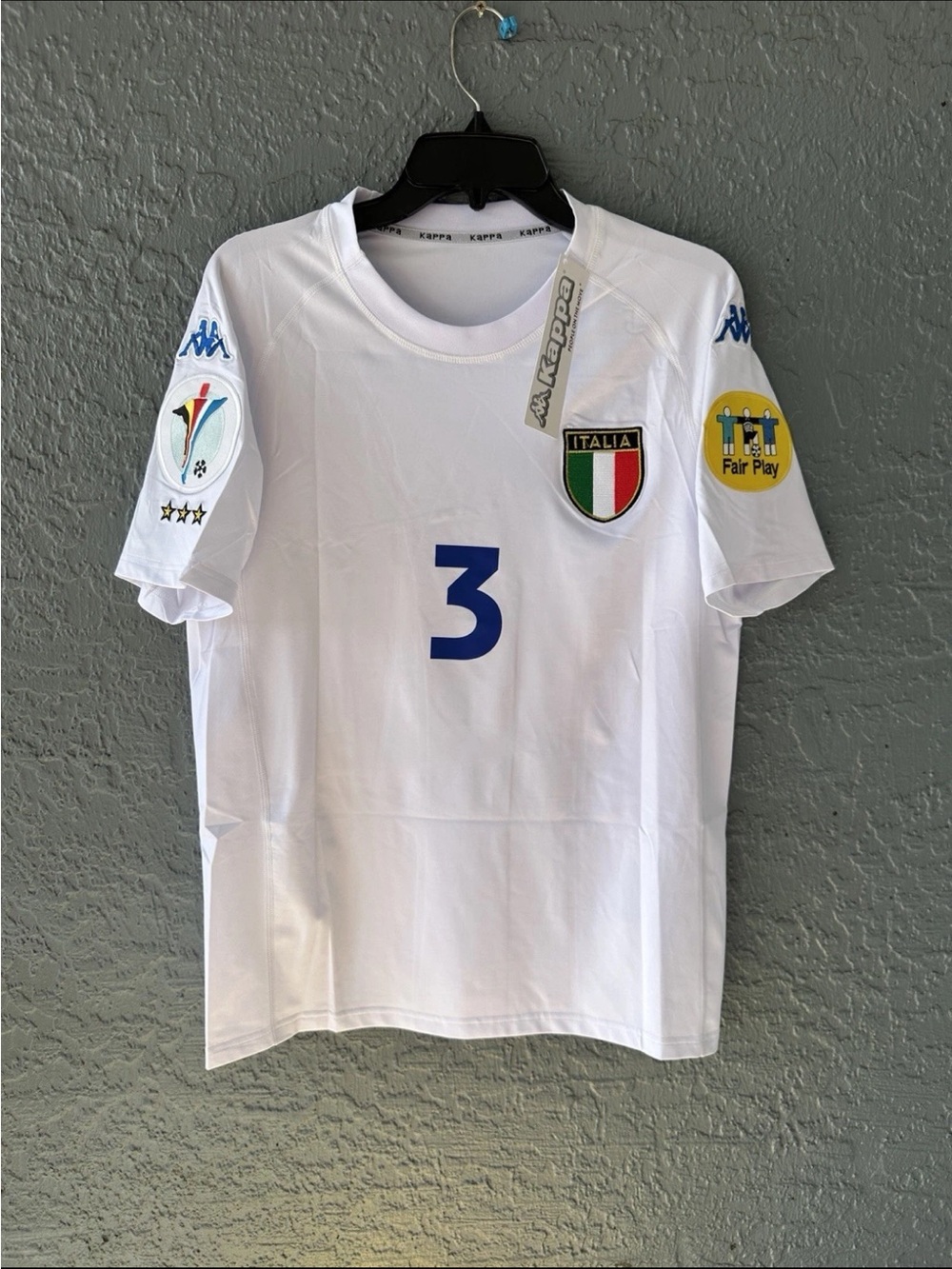 Kappa Men's Italy White Football Jersey with Blue Number 3